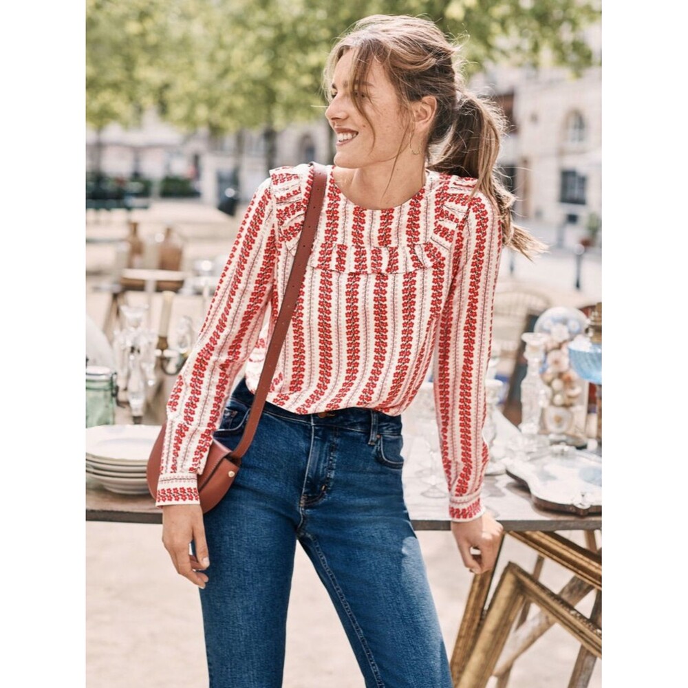 Boden Red and White Printed Long-Sleeve Blouse